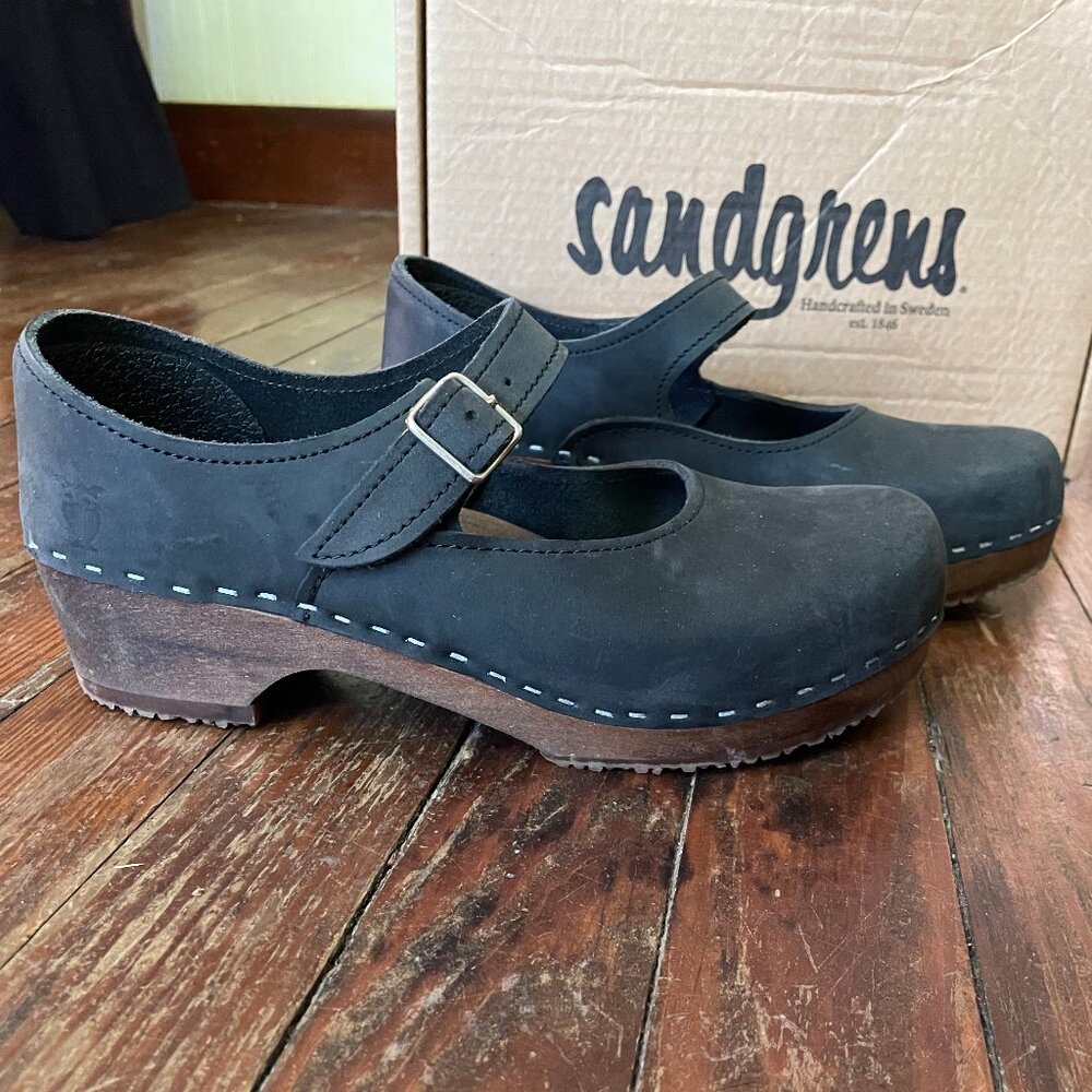 Sandgrens Mary Jane Black Leather Clogs - Brand New with Box
